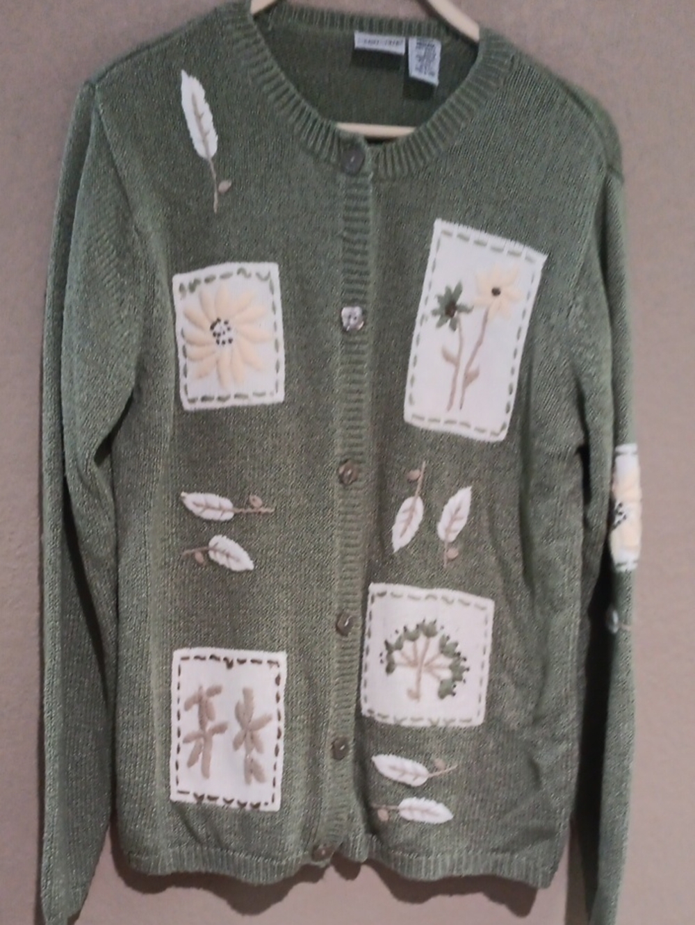 Grandma Cottage Core Green Embroidered Patchwork Cardigan Sweater